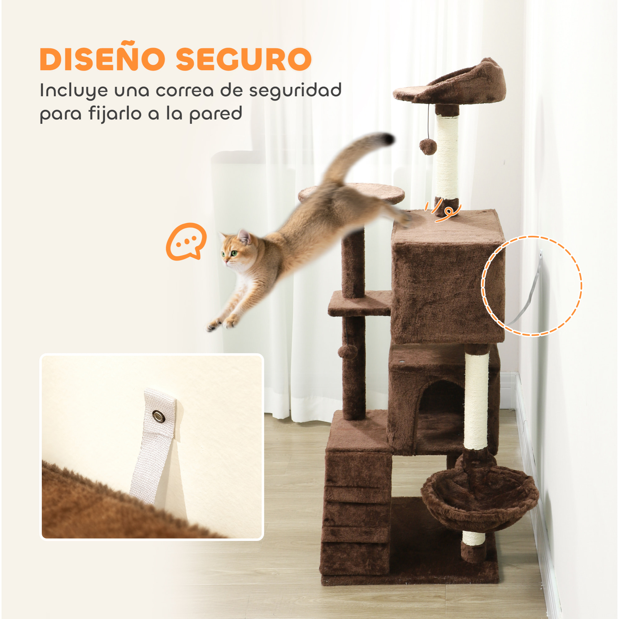 Árbol Rascador para Gatos, Árbol para Gatos 140 cm, Torre Escalador con Múltiples Plataformas, Cama, 2 Cuevas, Hamaca, Escalera, Postes de Sisal, Bolas para Jugar, Marrón