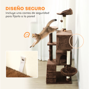Árbol Rascador para Gatos, Árbol para Gatos 140 cm, Torre Escalador con Múltiples Plataformas, Cama, 2 Cuevas, Hamaca, Escalera, Postes de Sisal, Bolas para Jugar, Marrón