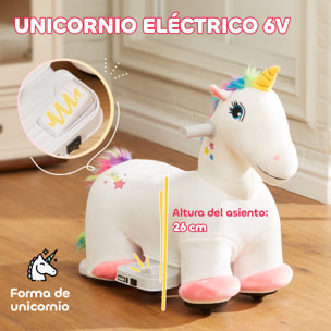 Unicornio Eléctrico para Niños de 18 a 36 Meses Caballo Balancín Eléctrico con Batería 6V y Música Carga 25 kg 69x34x53 cm Blanco