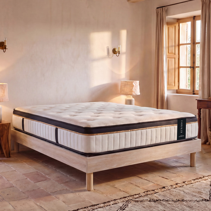 Ensemble Matelas Émeraude & Sommier Kit Bois, Mémoire de Forme & Air System, 25 cm, Accueil Moelleux, Soutien Ferme, Lattes Actives