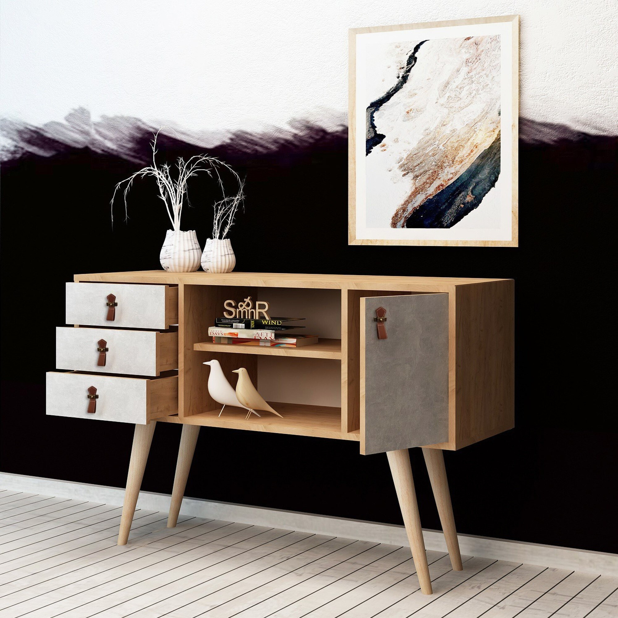 Consola,100% tablero de aglomerado rechapado en melamina, color roble_x000D_
blanco