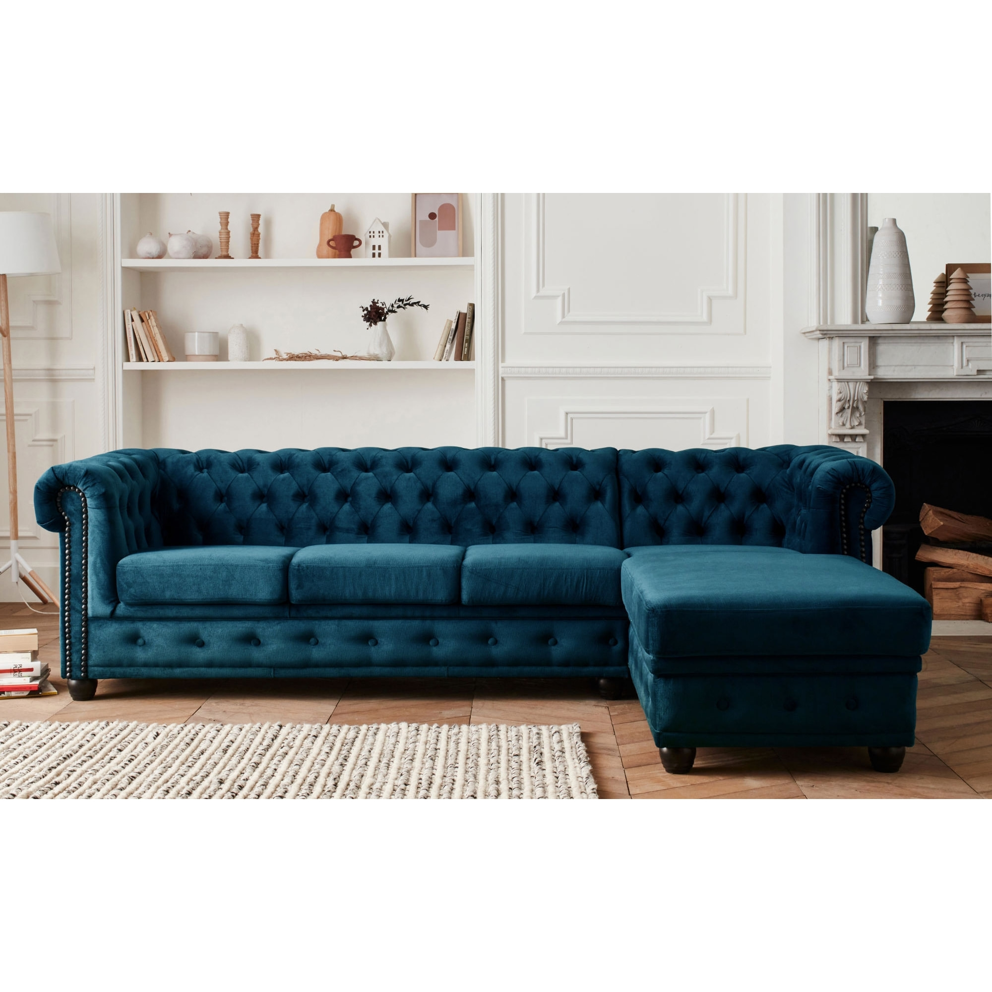 William - canapé Chesterfield d'angle droit - 4 places - en velours - Bleu canard