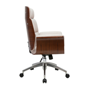 Fauteuil de bureau à roulettes design en tissu effet velours texturé beige, bois foncé et acier chromé ELON