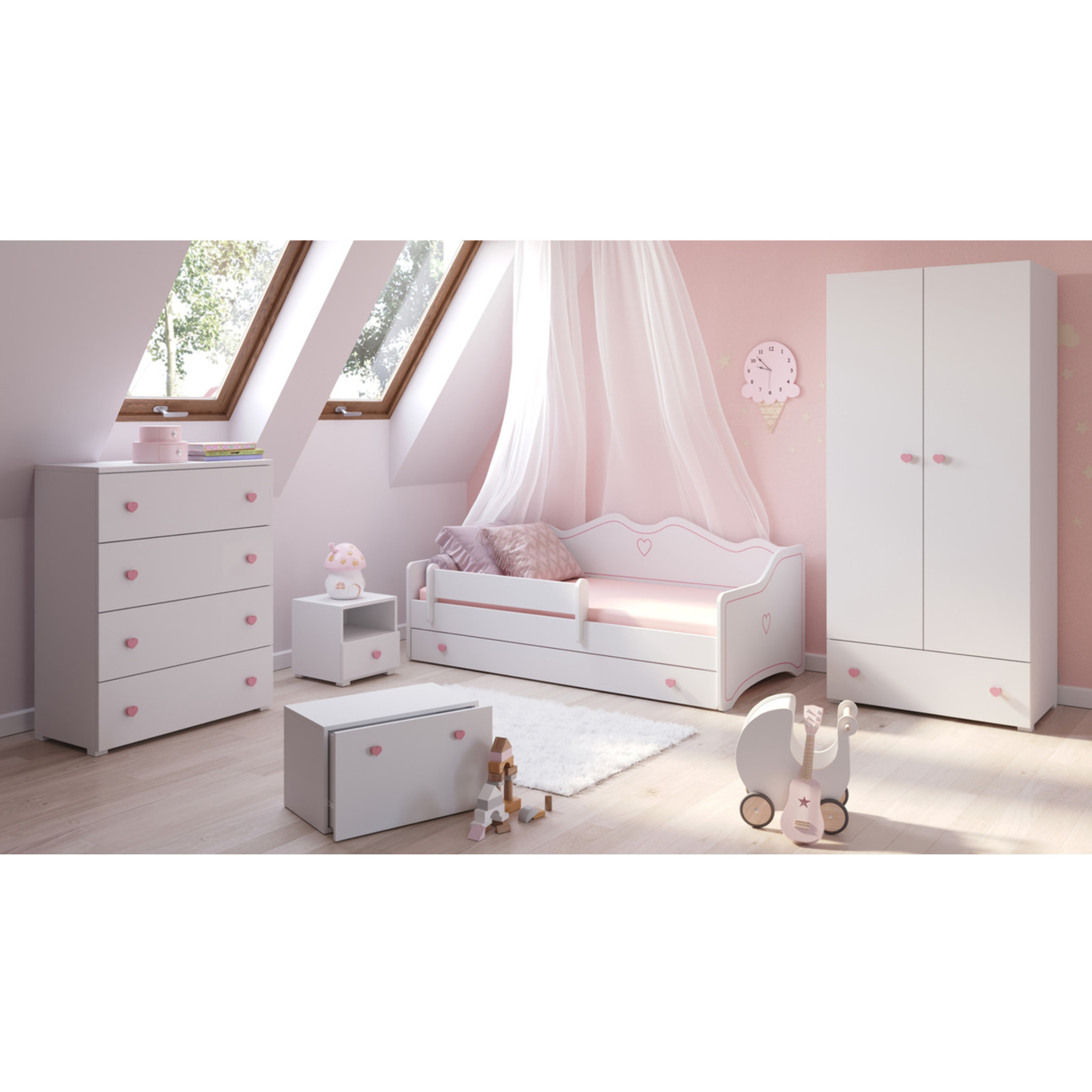 Comodino per cameretta Emi bianco con maniglia a cuore rosa
