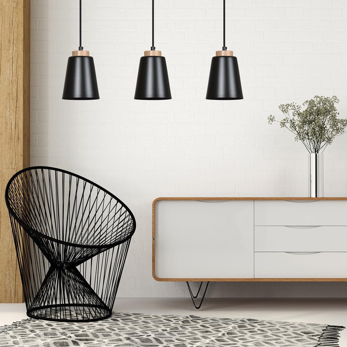 Lampada a sospensione BOLERO 3 in acciaio nero opaco e legno
