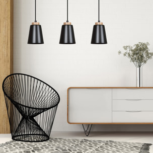 Lampada a sospensione BOLERO 3 in acciaio nero opaco e legno