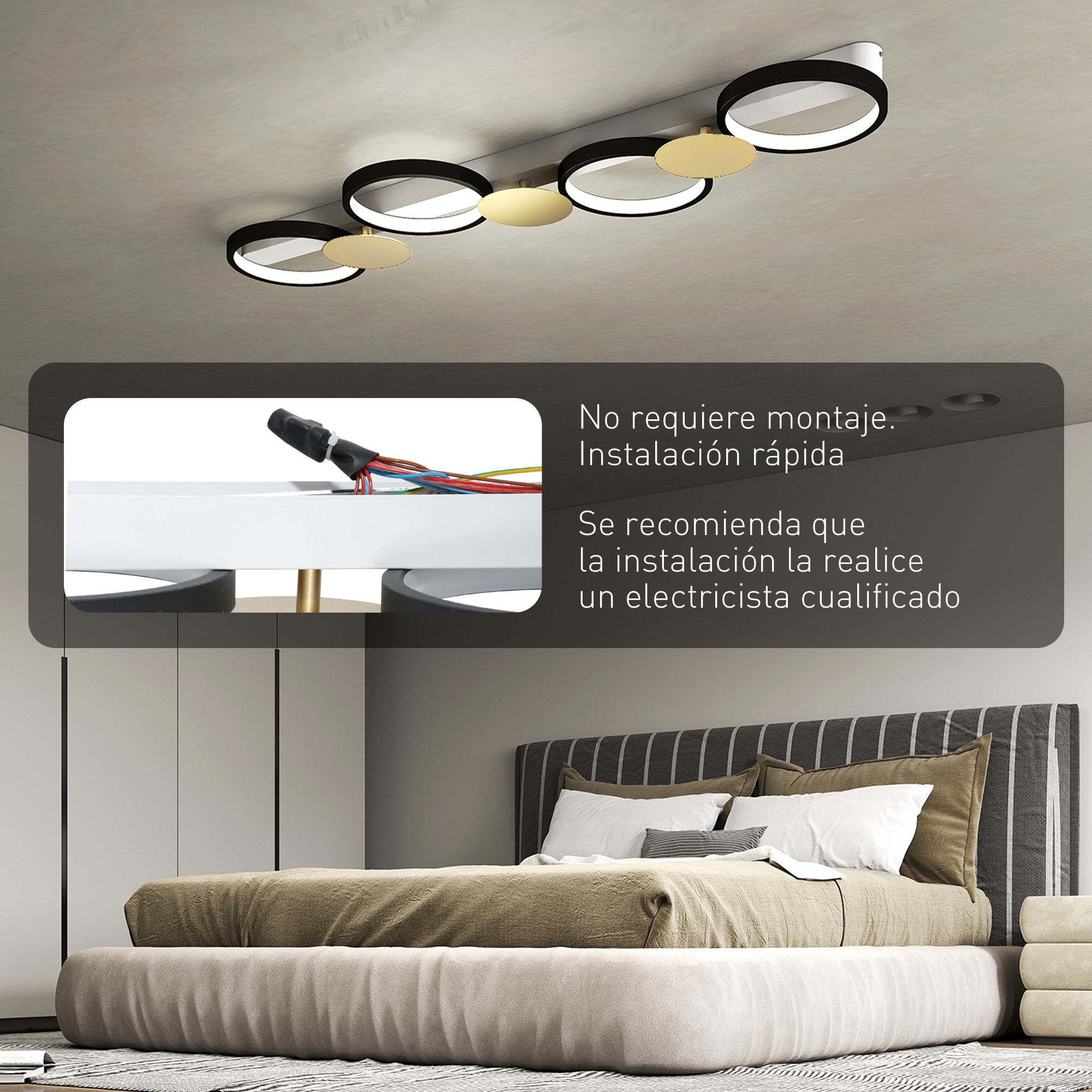 Lámpara de Techo Regulable con 4 Focos, Plafón LED de Techo con Mando a Distancia, Modos de Escena, 1500 lm, 38 W, 3000 K-6500 K, para Salón, Dormitorio, Oficina, Negro y Dorado