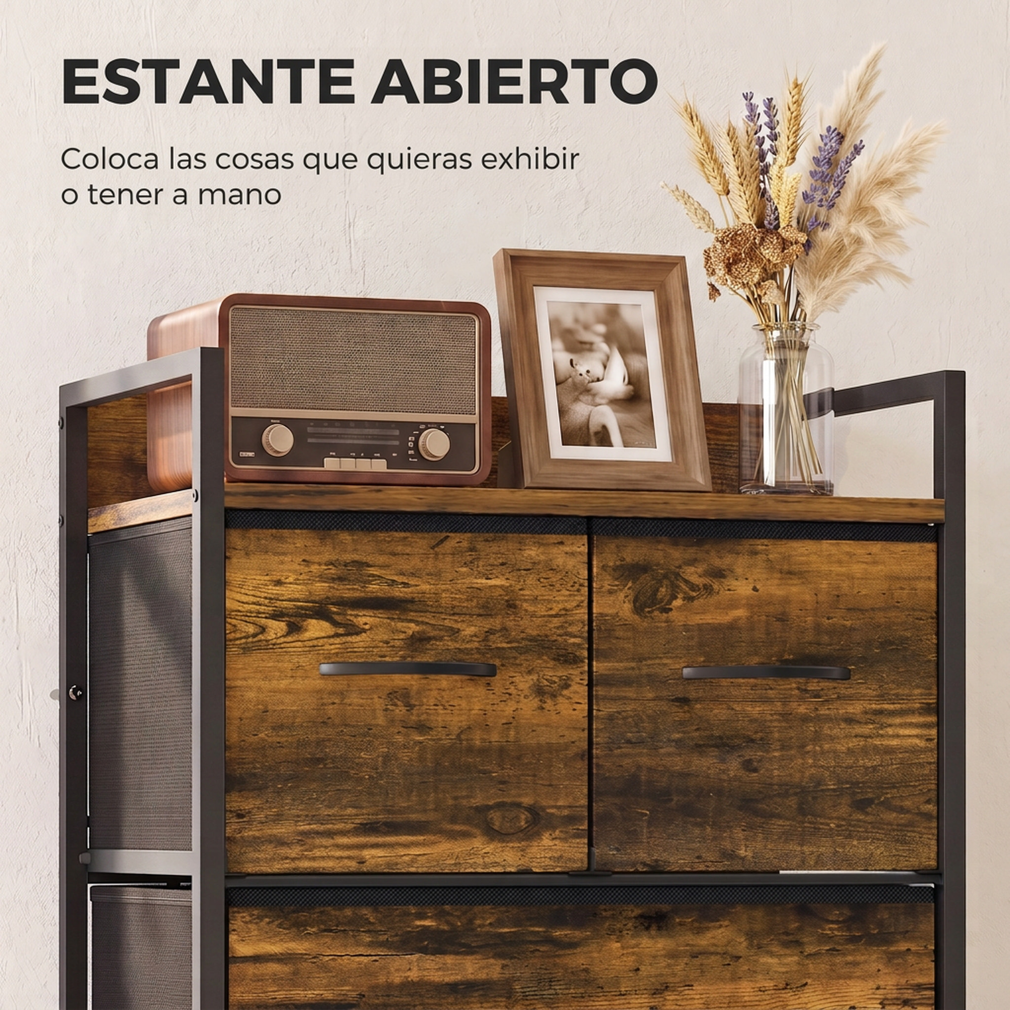 Mueble Organizador Cajonera de Tela con Cajones Plegables Estante Abierto y Marco de Acero Estilo Industrial para Salón Recibidor Dormitorio 60x29x85 cm Marrón Rústico
