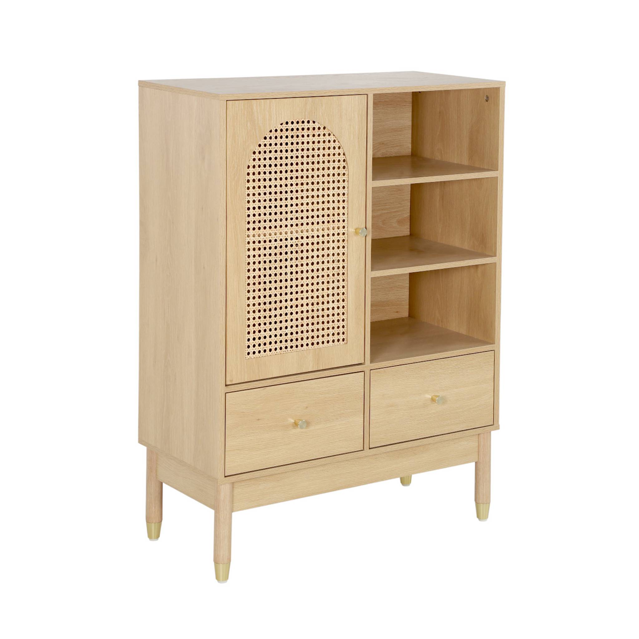 Buffet décor bois et cannage 1 porte 2 tiroirs teinte naturelle - 75 x 35 x 100 cm - Judith