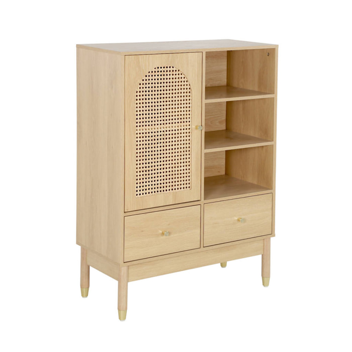 Buffet décor bois et cannage 1 porte 2 tiroirs teinte naturelle - 75 x 35 x 100 cm - Judith