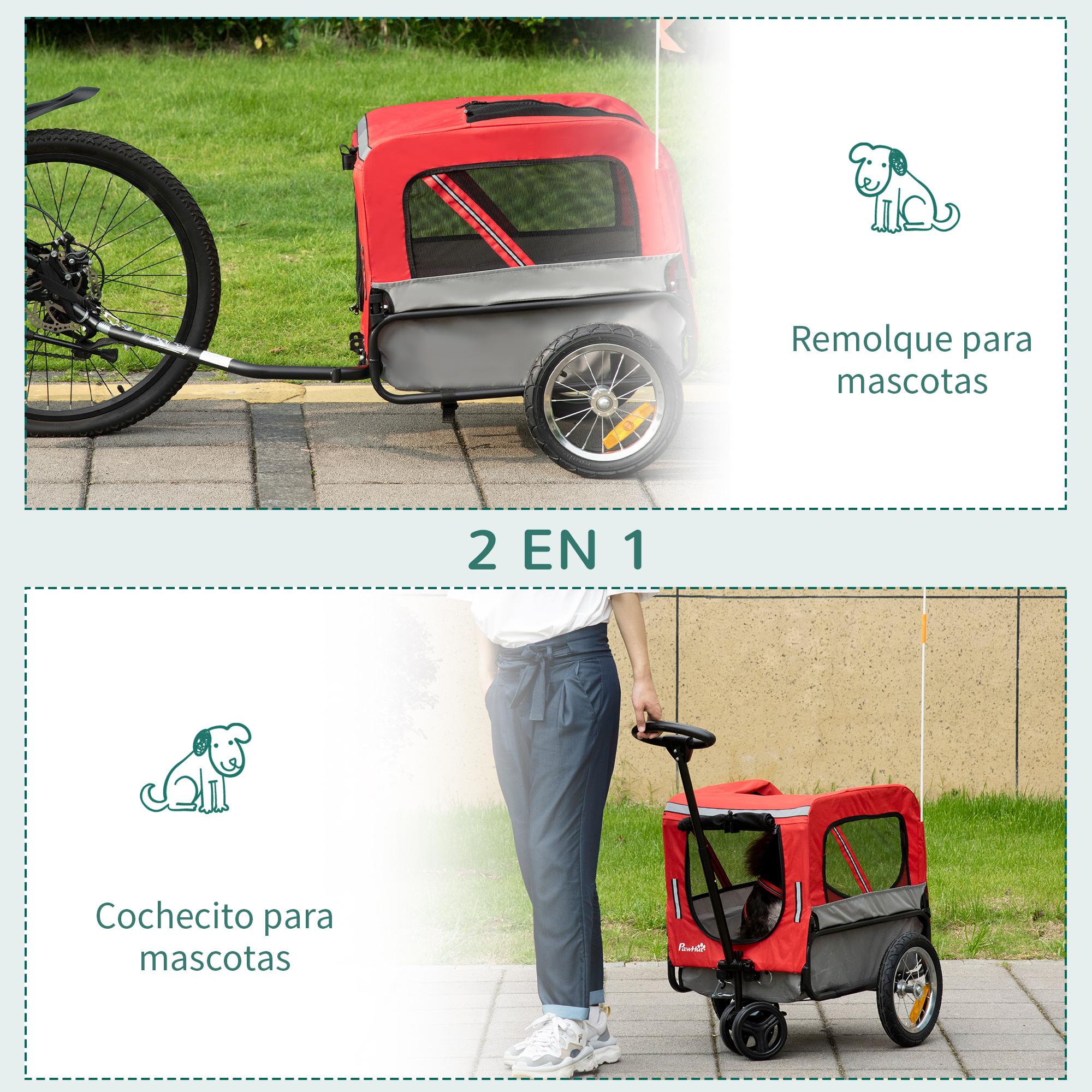 Remolque de Bicicleta para Perros 2 en 1 Carrito para Perros de Acero con Cinturón de Seguridad Mango de Empuje Extraíble Bandera y Reflectores 129x55,5x92 cm Rojo