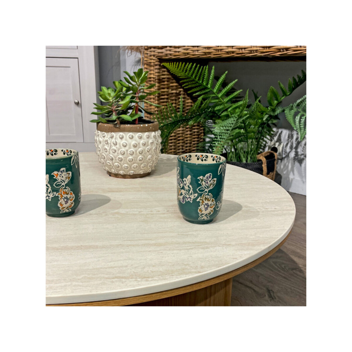 Table basse ronde D.80 cm bois et céramique beige marbré - OAK