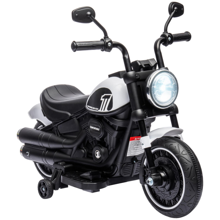 Moto électrique enfant 6 V 3 Km/h effet lumineux roulettes amovibles repose-pied pédale métal PP blanc noir