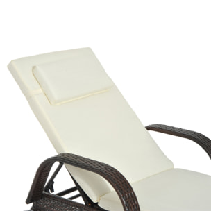 Tumbona de Ratán de Jardín Chaise Longue con Respaldo Ajustable en 5 Posiciones Cojines Acolchados Reposacabezas y 2 Ruedas 200x73x30-103 cm Crema y Marrón