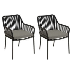 MALO - Lot de 2 fauteuils cordage noir coussin assise gris anthracite
