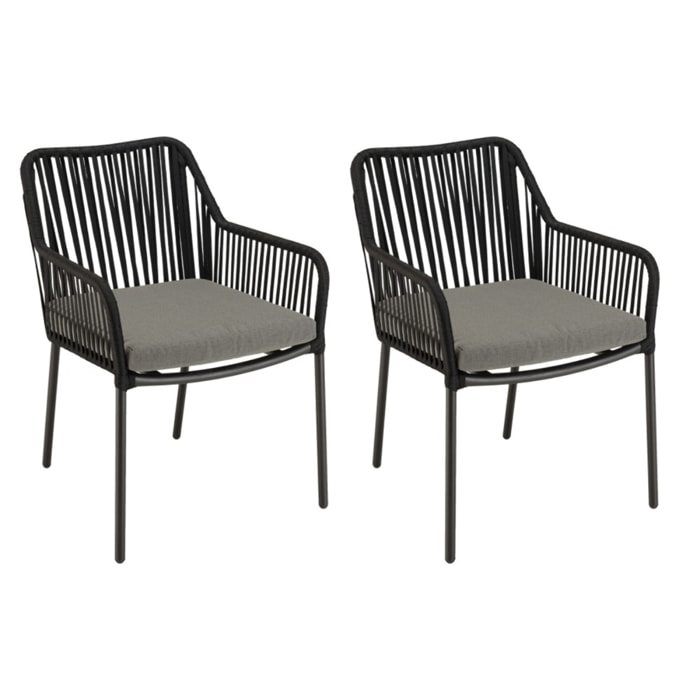 MALO - Lot de 2 fauteuils cordage noir coussin assise gris anthracite