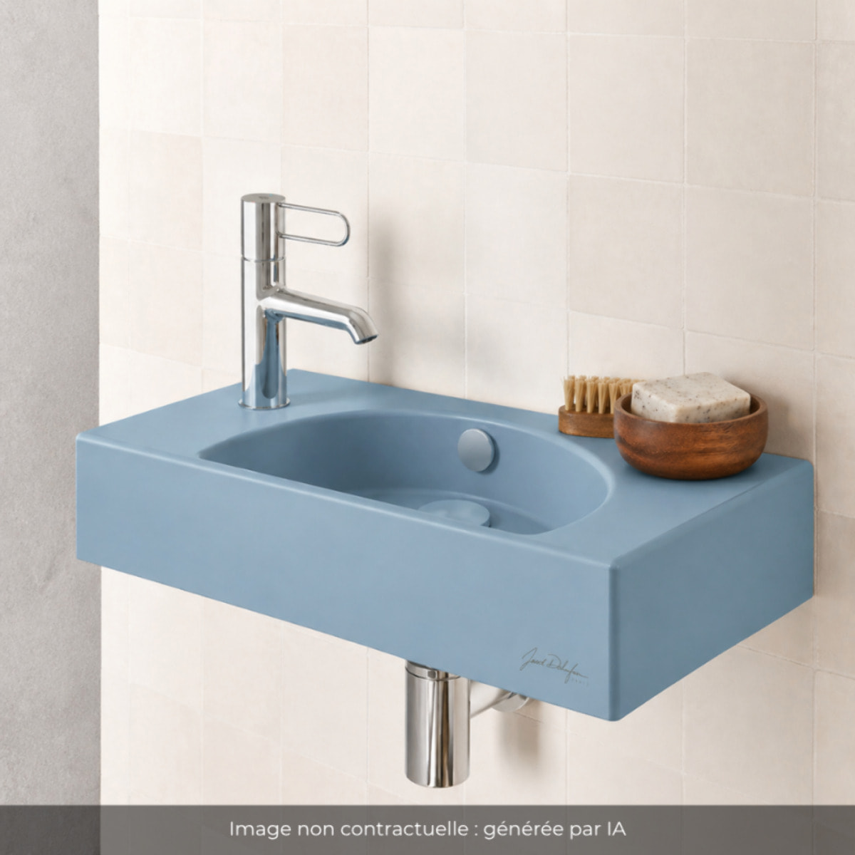 Lave-mains compact 50 cm Odéon Rive Gauche 1 trou de robinetterie à gauche Aigue marine satiné