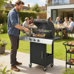 Barbacoa de Gas BBQ Gas con 3 Quemadores 8,1 kW Barbacoa Portátil con Termómetro Mesas Laterales Armario Rejilla Calentadora Parrillas de Hierro Fundido Recogedor Grasa y 4 Ruedas Negro