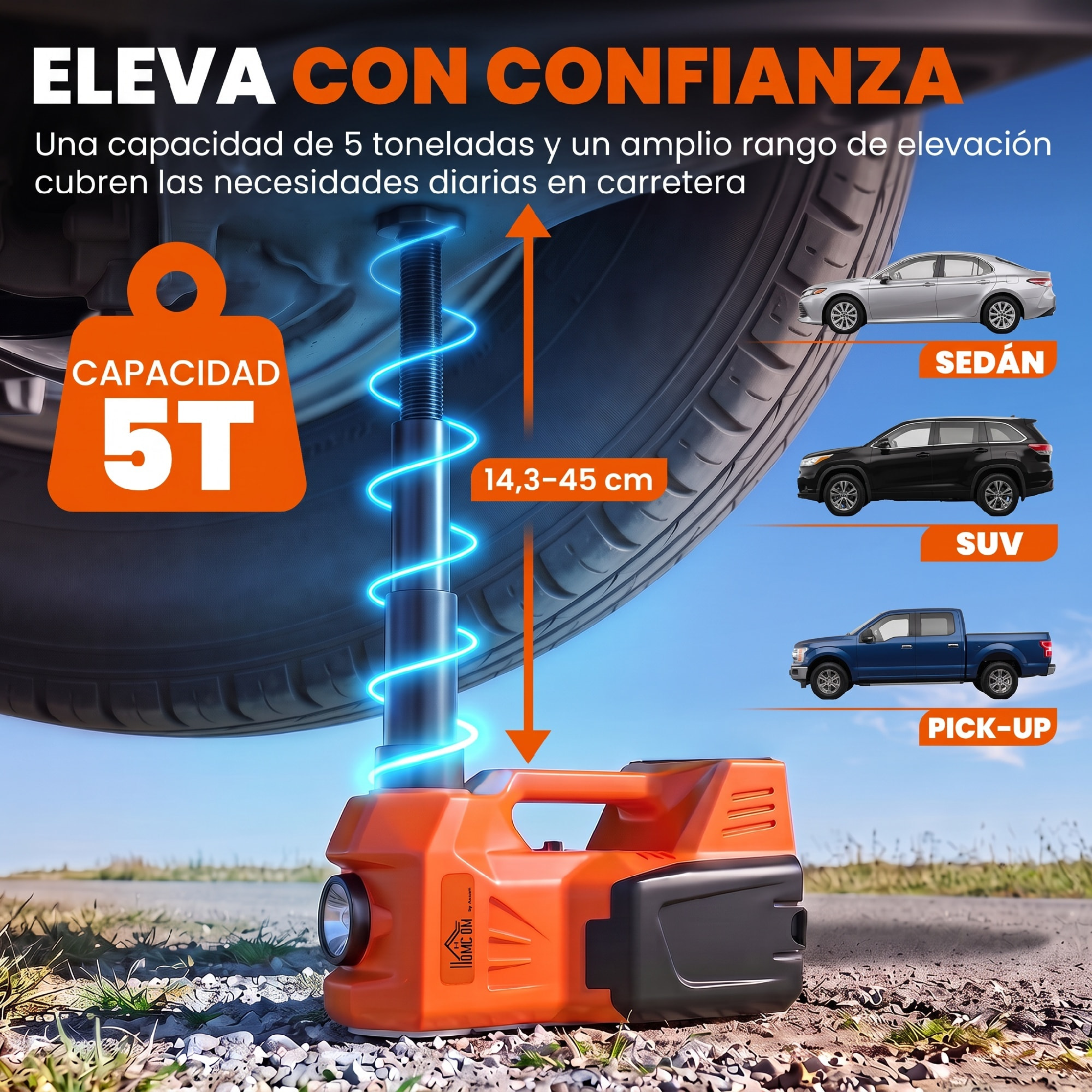 HOMCOM Kit de Gato Hidráulico Eléctrico de 5T 12V, Elevador de Coche Automático 143-450 mm, con Luz LED, Luces Advertencia, Bomba Aire, Llave Hexagonal, Martillo, Maletín Reflectante para SUV y Sedán