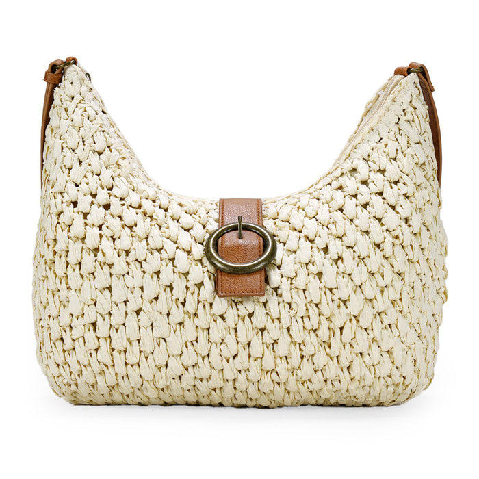 Bolso de rafia beige con solapa y hebilla