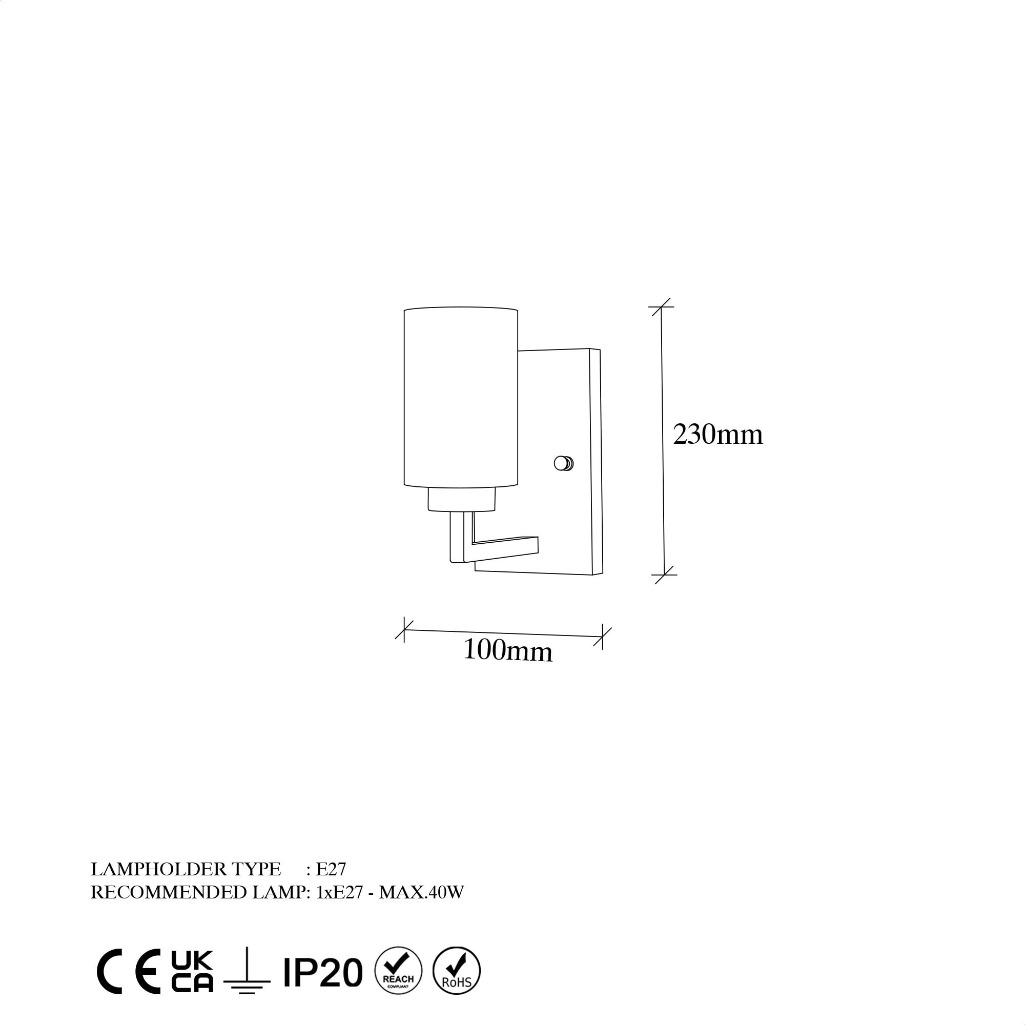 Aplique de pared, metal , negro, 10x19x23, casquillo E27 Max 40 W