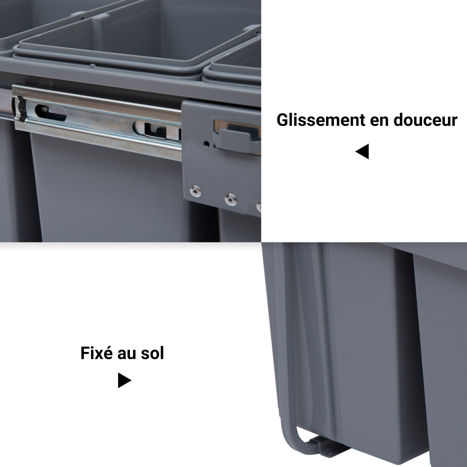 Poubelle de tri coulissante - 3 bacs amovibles avec poignée - 2 x 10L et 1 x 20L - métal PP gris