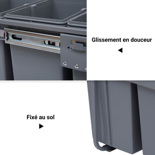 Poubelle de tri coulissante - 3 bacs amovibles avec poignée - 2 x 10L et 1 x 20L - métal PP gris