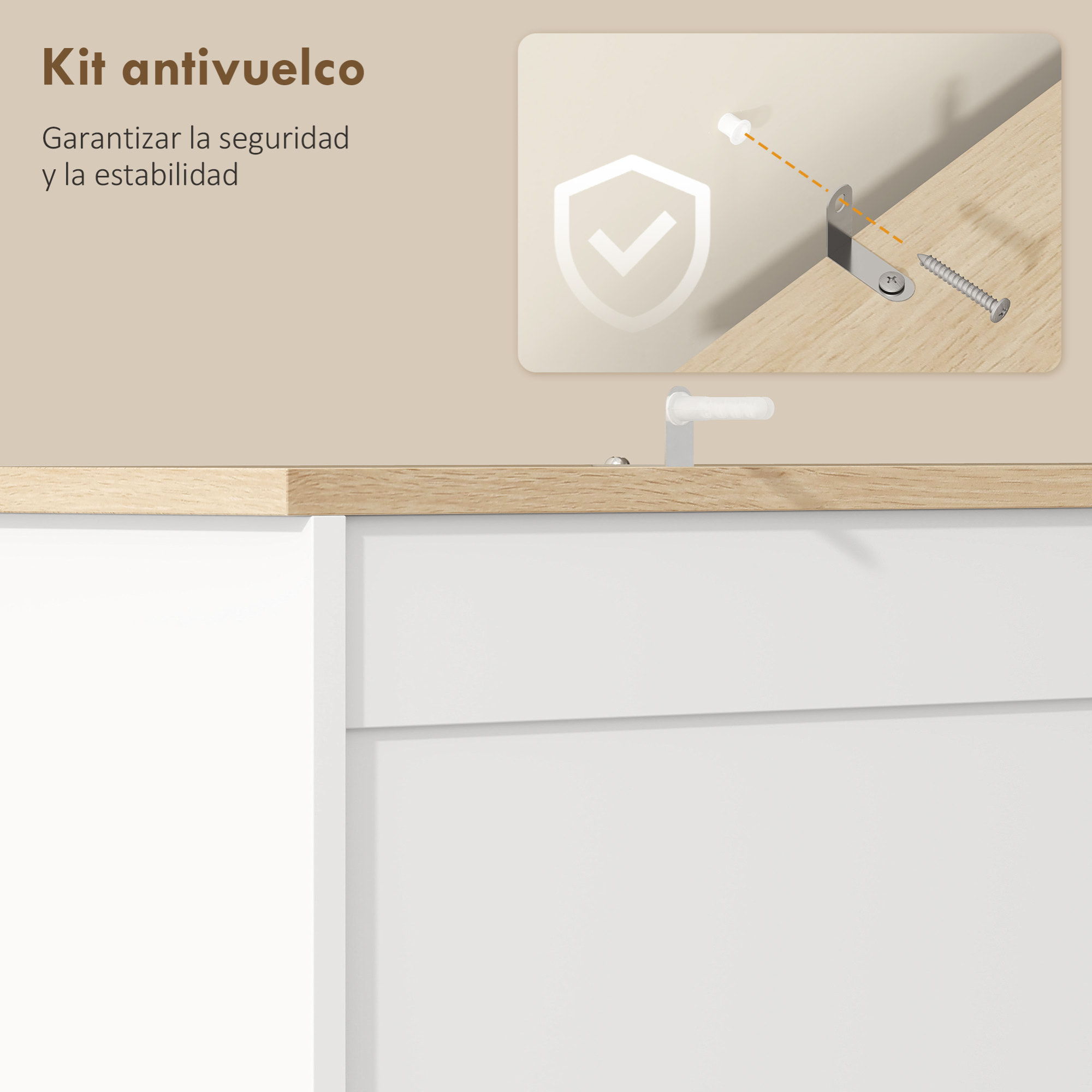 Alacena de Cocina, Mueble Auxiliar de Cocina con 3 Puertas, 2 Cajones, 3 Estantes en la Puerta, 8 Ganchos, Encimera Amplia para Microondas, Estantes Ajustables, Orificios para Cables, Blanco