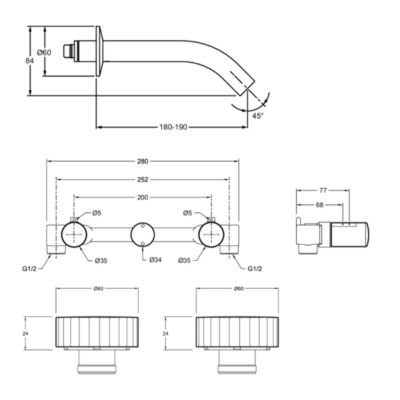 Miroir 3 trous 100 cm + mitigeur lavabo encastré 3 trous Grands Boulevards laiton brossé