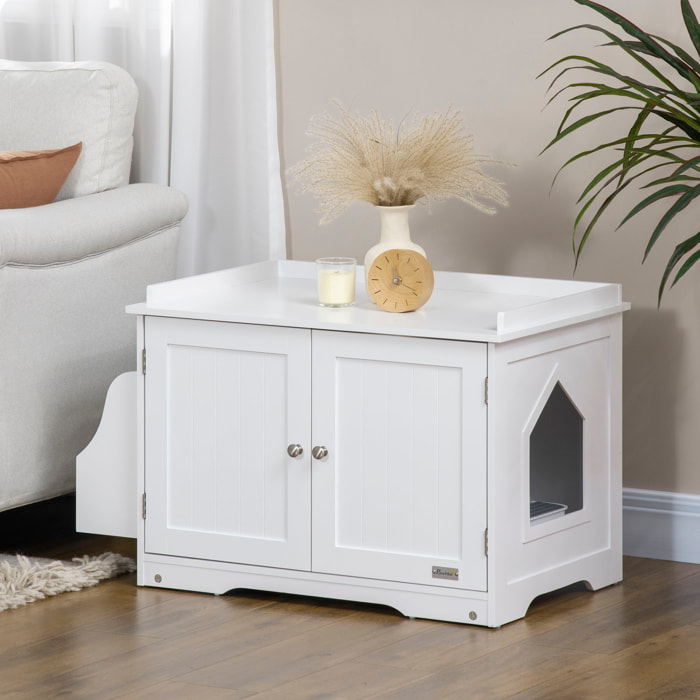 Maison de toilette pour chat table d'appoint 2 en 1 - 2 portes, cloison amovible, rangement latéral - blanc