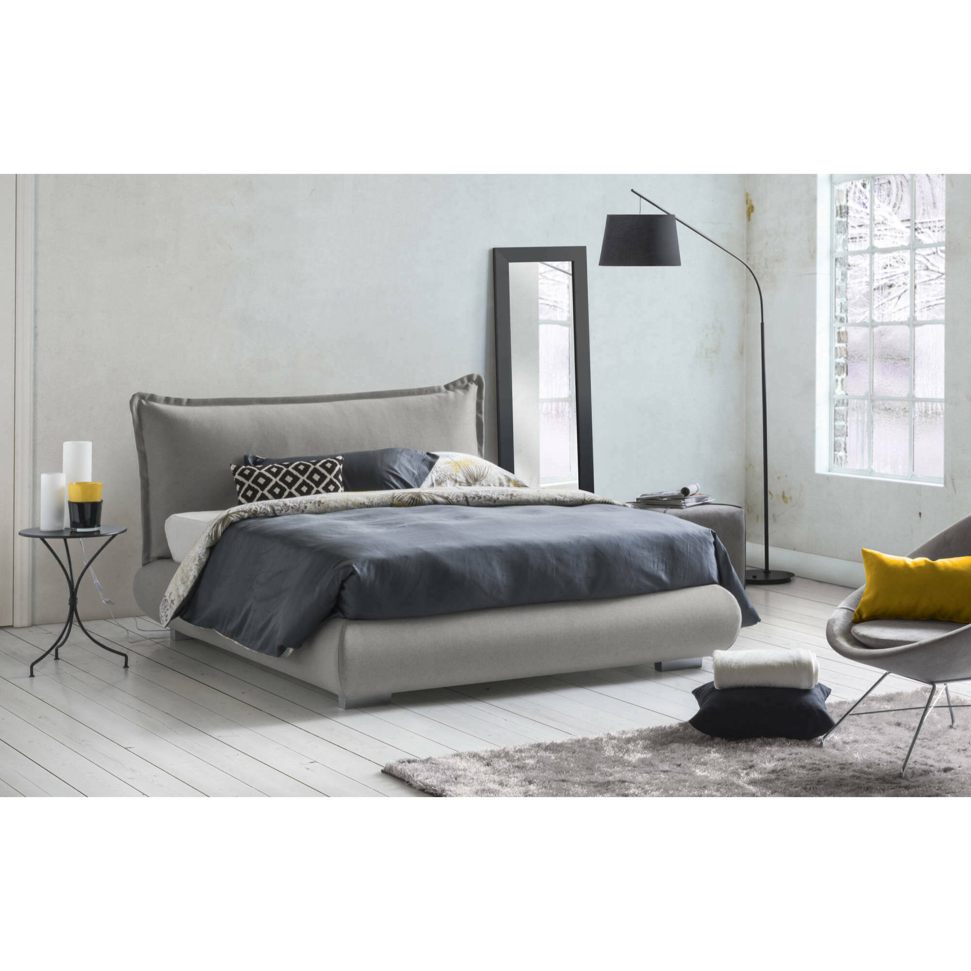 Letto matrimoniale Geras, Letto contenitore con rivestimento e testata in tessuto, 100% Made in Italy, Apertura frontale, adatto per materasso 160x190 cm, Grigio