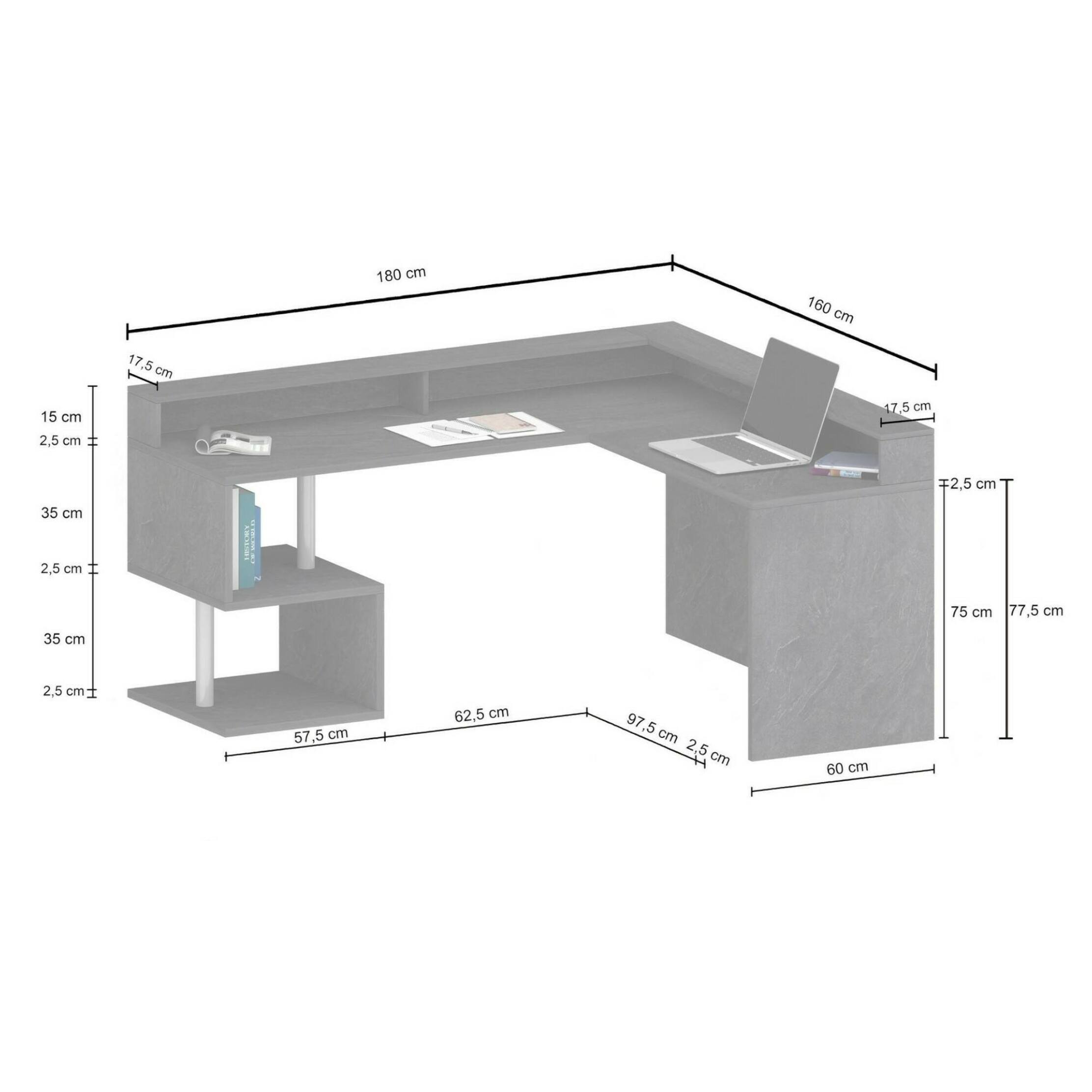 Scrivania Dcalhanogl, Scrittoio angolare con ripiani portaoggetti e luci LED, Scrivania ufficio multiuso con sopralzo, 180x60h93 cm, Bianco