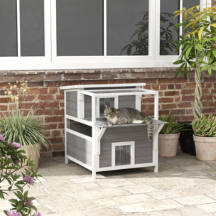 para Gatos de Madera 64x87x76 cm Casa para Gatos de 2 Niveles Refugio para Gatos con Techo Asfáltico Ventana y Puerta con Cortina para Interior y Exterior Gris Claro