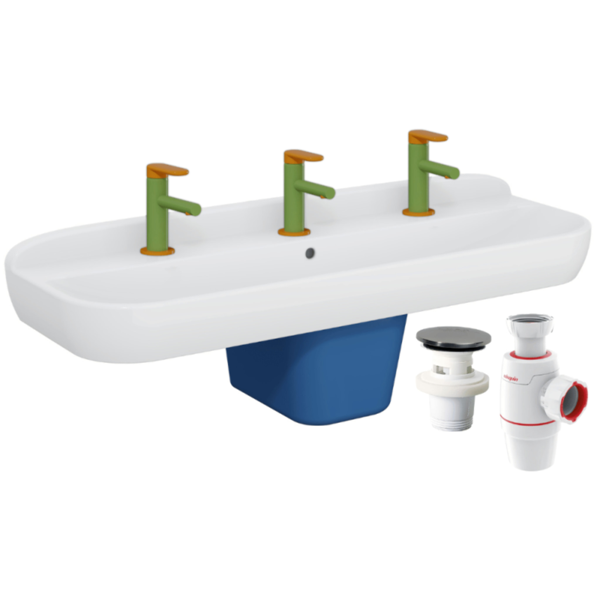 Lavabo pour enfant VITRA Sento Kids 85 cm + cache siphon + Mitigeur lavabo VITRA Sento Kids jaune et vert