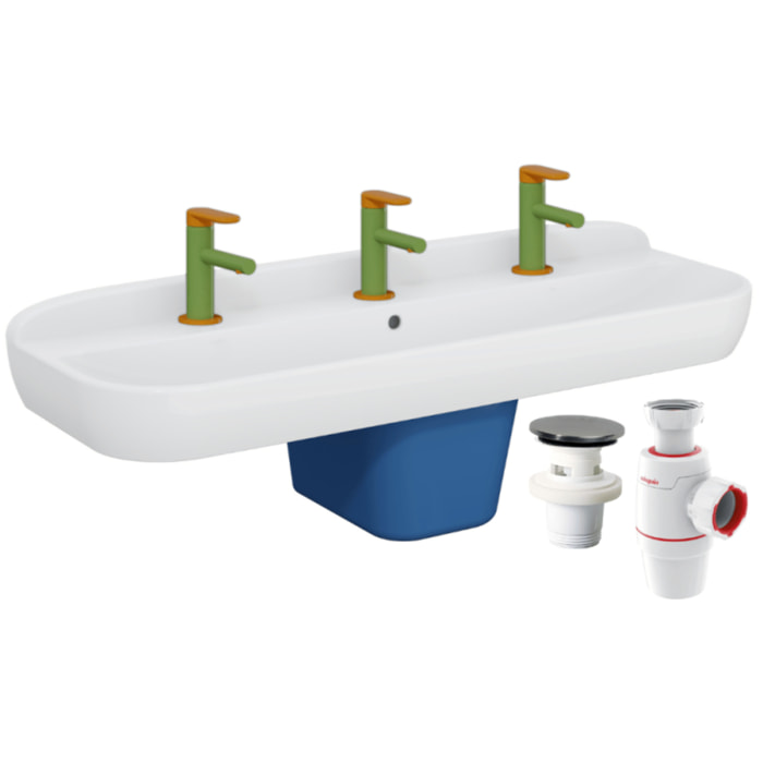 Lavabo pour enfant VITRA Sento Kids 85 cm + cache siphon + Mitigeur lavabo VITRA Sento Kids jaune et vert