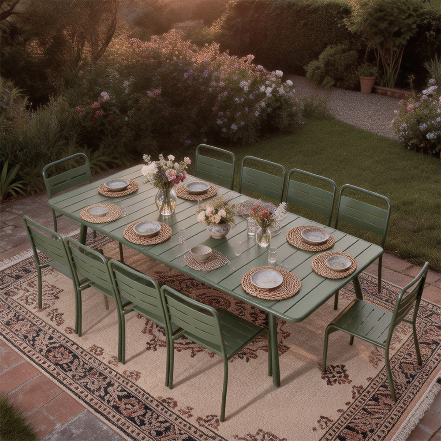 Ensemble table de jardin 234 cm et 10 chaises vert EVORA