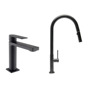 Set mitigeur lavabo + mitigeur monocommande cuisine avec douchette extractible 2 jets, noir mat (SATBSBW288C)