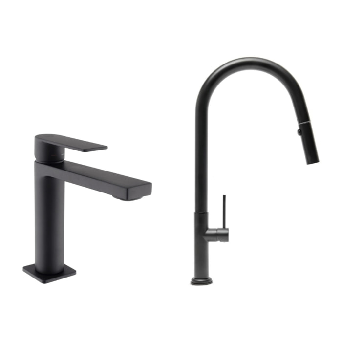 Set mitigeur lavabo + mitigeur monocommande cuisine avec douchette extractible 2 jets, noir mat (SATBSBW288C)