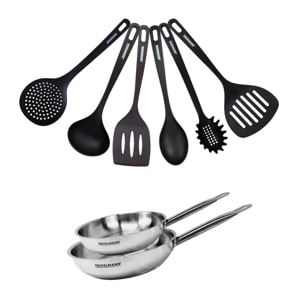 Set de 2 poêles en inox et 6 ustensiles RPET Fackelmann Eterna