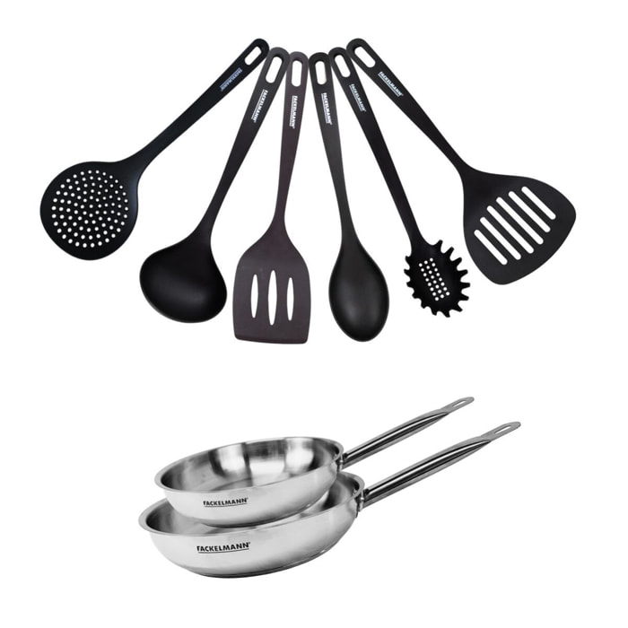 Set de 2 poêles en inox et 6 ustensiles RPET Fackelmann Eterna