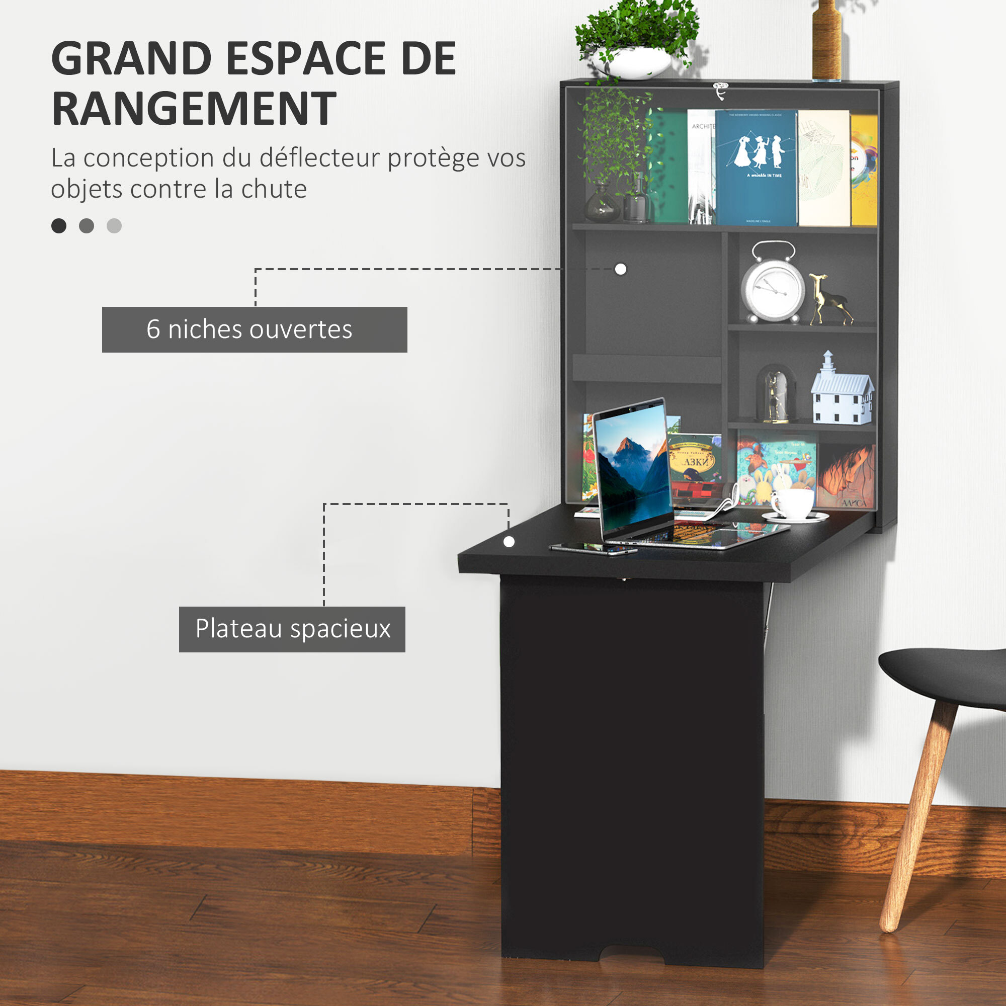 Bureau mural pliable table murale rabattable suspendue sur pied étagère + tableau à craie intégré MDF noir