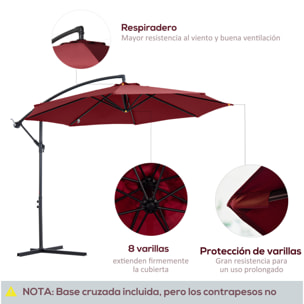 Parasol Excéntrico Ø 295 cm Sombrilla de Jardín con Ángulo Ajustable Base Cruzada y Manivela Sombrilla para Terraza Patio Granate