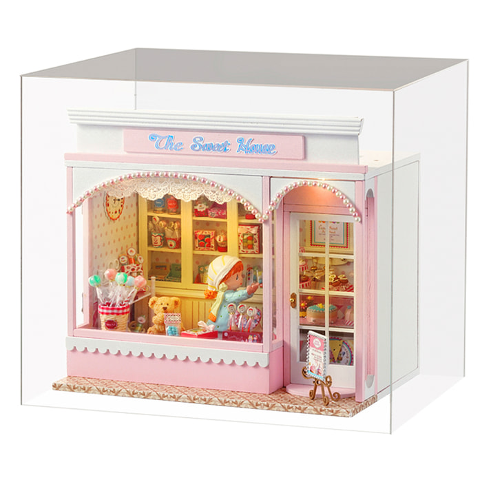 Tienda de dulces. Maqueta 3D con diseño de panel de puerta abierta, realista con gran detalle, cubierta antipolvo y luces led.