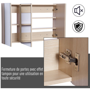 Armoire murale miroir salle de bain 3 portes 3 étagères dim. 90L x 14l x 60H cm panneaux particules chêne clair