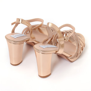 Sandali in simil pelle con tacco alto comodo e fasce ricoperte di strass