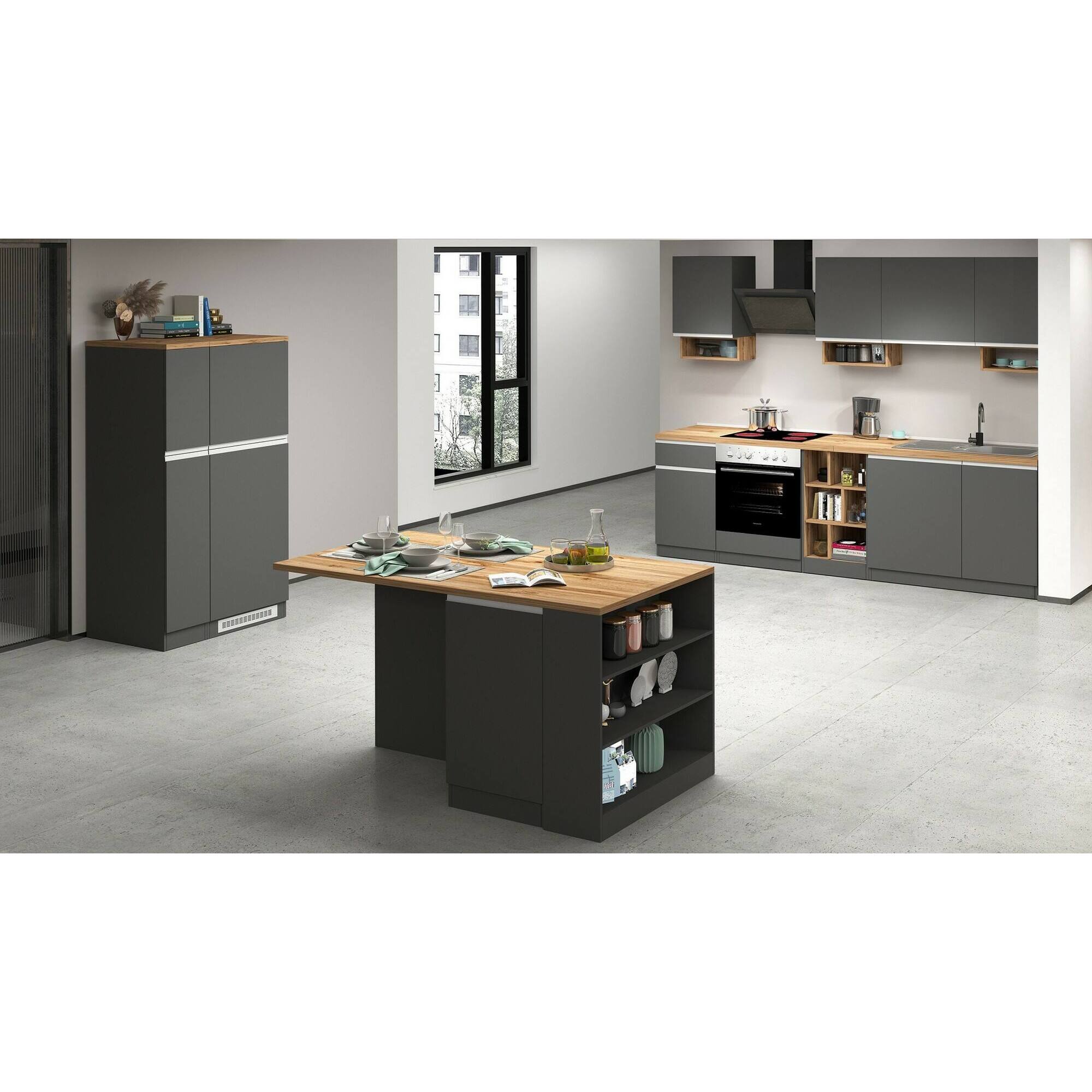 Dispensa da cucina Dcasasol, Mobile multiuso, Armadio porta frigo a 2 ante, 100% Made in Italy, 60x60h165 cm, Antracite e Rovere