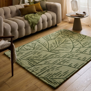 PANTONE - Tapis en laine fait main CEDRE BLANC à motif feuille vert