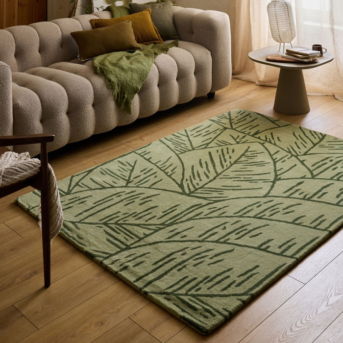 PANTONE - Tapis en laine fait main CEDRE BLANC à motif feuille vert