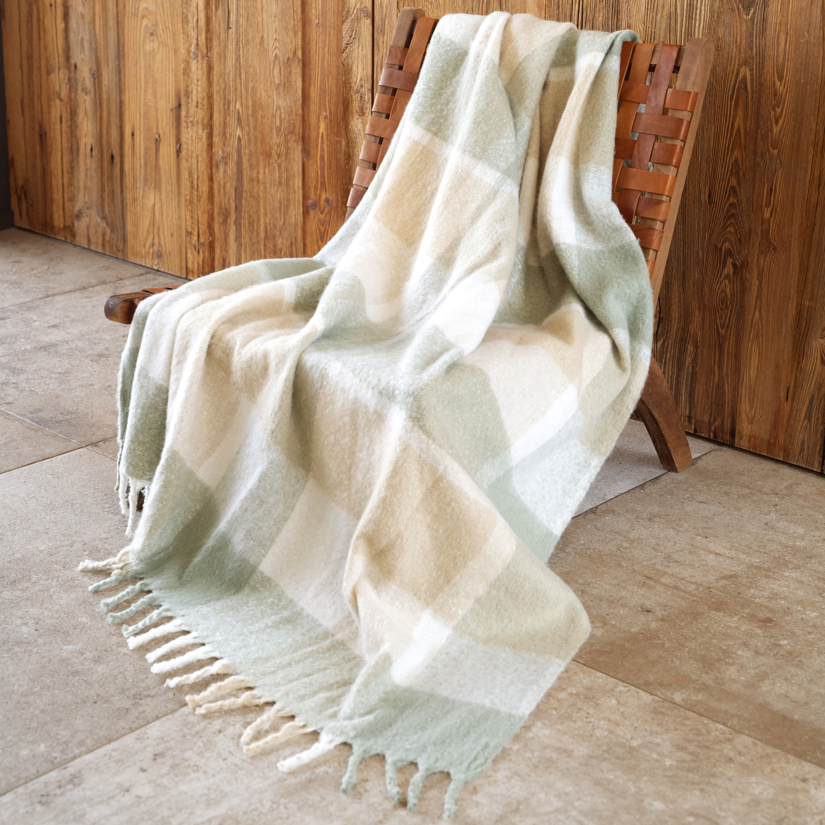 Plaid à carreaux aspect mohair avec franges - Vert