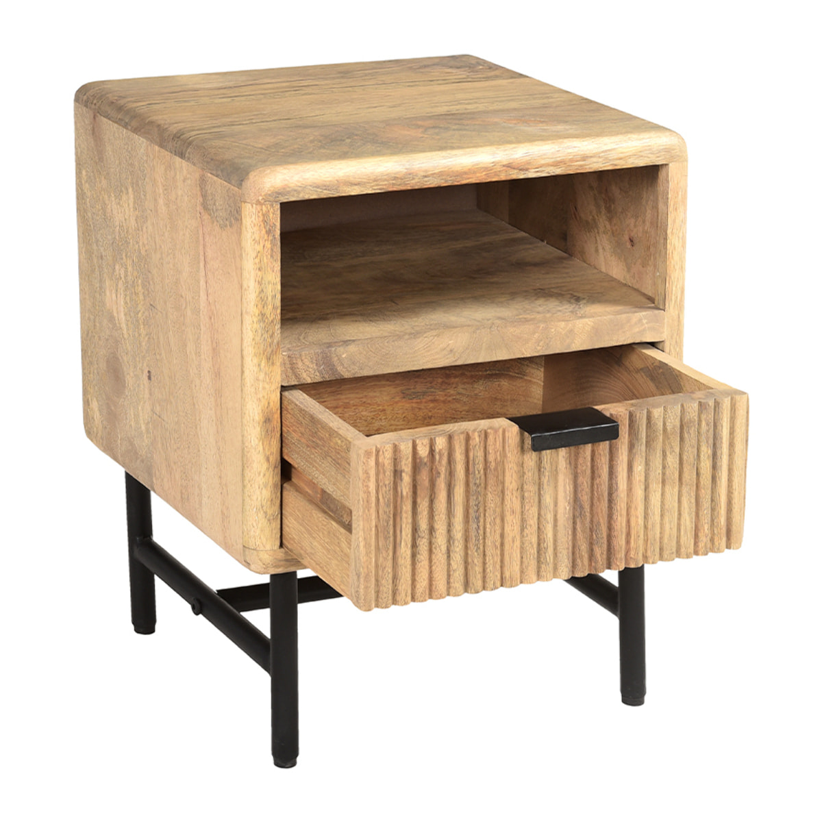 Table de chevet avec rangements bois manguier massif gravé et métal noir MORISSON